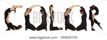 Black dressed people forming word COLOR on white background