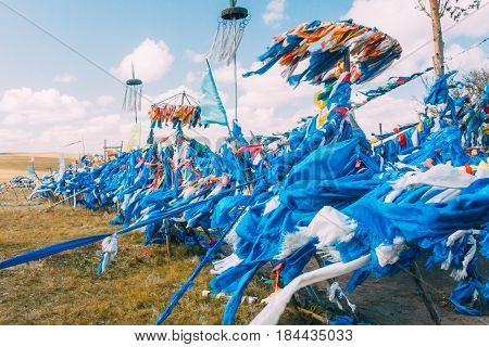 White And Blue Obo And Aobao Landscape In Mongolia ,mongol Totem, In Grassland With Blue Sky,horizon