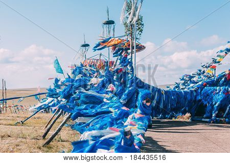 White And Blue Obo And Aobao Landscape In Mongolia ,mongol Totem, In Grassland With Blue Sky,horizon