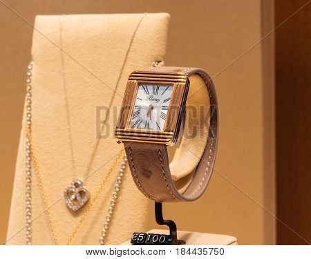 STRASBOURG FRANCE - APR 27 2017: Luxury watche in store made by Poiray on sale in hi-gh-end time fashion boutique.