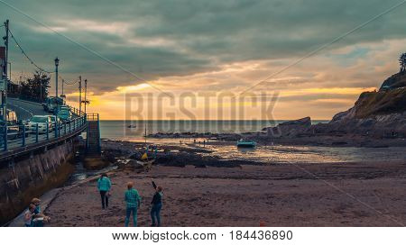 Mineheadl UK - July 27 2016: View of Minehead Harbor Somerset UK with people walking.
