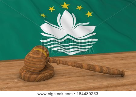 Macanese Law Concept - Flag Of Macau Behind Judge's Gavel 3D Illustration