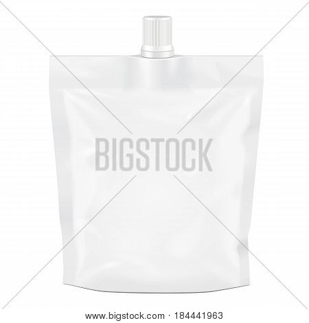 White Blank Doy-pack, Doypack Foil Food Or Drink Bag Packaging With Spout Lid. Illustration Isolated On White Background. Mock Up Template Ready For Your Design. Product Packing Vector EPS10