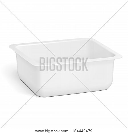 White Empty Blank Styrofoam Plastic Food Tray Container Box Opened, Cover. Illustration Isolated On White Background. Mock Up Template Ready For Your Design. Vector EPS10