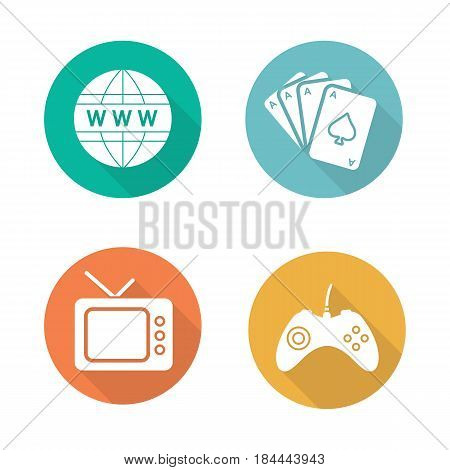 Bad habits flat design long shadow icons set. Game console joystick, www network symbol, playing cards deck, retro tv-set. Gambling, internet, gaming and tv addictions. Vector silhouette illustration