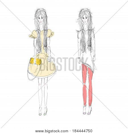 two models in different clothes, long-haired gracile girls, fashion illustration, woman in yellow dress