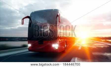 tourist red bus on the road, highway. Very fast driving. Touristic and travel concept. 3d rendering