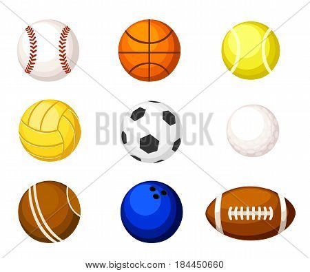 Collection Illustration Sports Balls. Vector Cartoon Ball Set For Soccer And Tennis, Rugby. Basketba