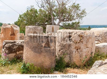 Archeological ruins ancient columns in Beit Guvrin national Park, Israel.