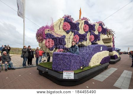 NOORDWIJK NETHERLANDS - 22 APRIL 2017: Platform with tulips and hyacinths during the traditional flowers parade Bloemencorso from Noordwijk to Haarlem in the Netherlands.