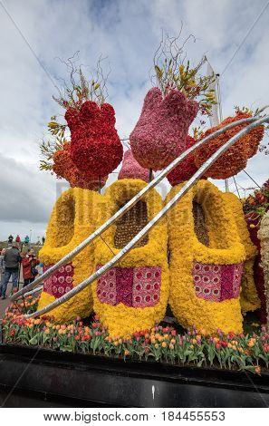 NOORDWIJK NETHERLANDS - 22 APRIL 2017: Platform with tulips and hyacinths during the traditional flowers parade Bloemencorso from Noordwijk to Haarlem in the Netherlands.