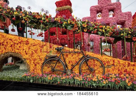 NOORDWIJK NETHERLANDS - 22 APRIL 2017: Platform with tulips and hyacinths during the traditional flowers parade Bloemencorso from Noordwijk to Haarlem in the Netherlands.