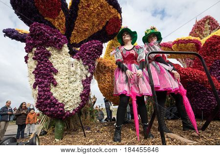 NOORDWIJK NETHERLANDS - 22 APRIL 2017: Platform with tulips and hyacinths during the traditional flowers parade Bloemencorso from Noordwijk to Haarlem in the Netherlands.