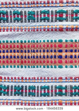 White natural homespun canvas with color ukrainian ethnic ornaments