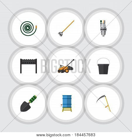 Flat Farm Set Of Pail, Barbecue, Lawn Mower And Other Vector Objects. Also Includes Hose, Brazier, Water Elements.