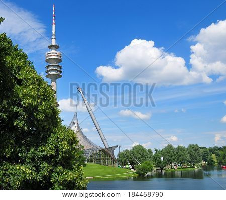 MUNICH, GERMANY - JUNE 12 : Tower of stadium of the Olympiapark in Munich, Germany, is an Olympic Park which was constructed for the 1972 Summer Olympics on June 12 2010, munich Germany