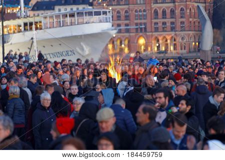 STOCKHOLM SWEDEN - APR 30 2017: Celebrating the spring with the Valborg bonfire at Riddarholmen in the evening April 30 2017 in Stockholm Sweden