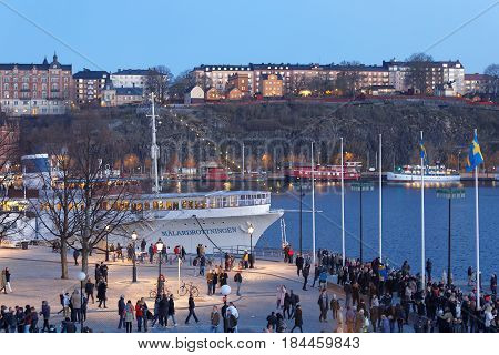 STOCKHOLM SWEDEN - APR 30 2017: Celebrating the spring with the Valborg bonfire at Riddarholmen in the evening April 30 2017 in Stockholm Sweden