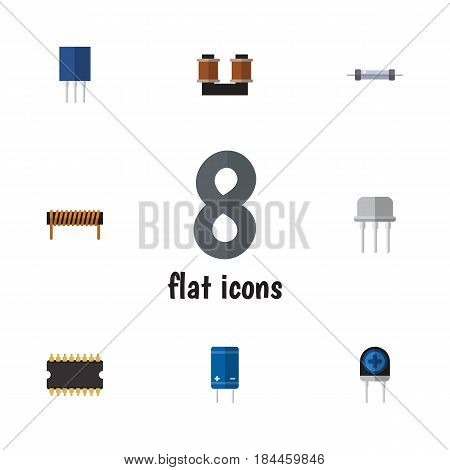 Flat Device Set Of Bobbin, Resistor, Resist And Other Vector Objects. Also Includes Recipient, Bobbin, Processor Elements.