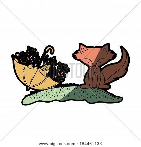 watercolor hand drawn silhouette of fox in hill and umbrella with plants and half shadow vector illustration