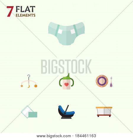 Flat Infant Set Of Playground, Pram, Mobile And Other Vector Objects. Also Includes Playpen, Tissue, Playground Elements.