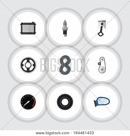 Flat Auto Set Of Heater, Auto Component, Tachometr And Other Vector Objects. Also Includes Spark, Wing, Piston Elements.