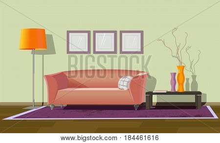 Living room decorative design. Modern house interior. Freehand drawn cartoon style. Cozy elegant furniture. Comfortable classic sofa and table. Luxury indoor apartment lifestyle. Vector illustration