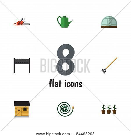 Flat Dacha Set Of Tool, Barbecue, Hacksaw And Other Vector Objects. Also Includes Blade, Plant, Stabling Elements.