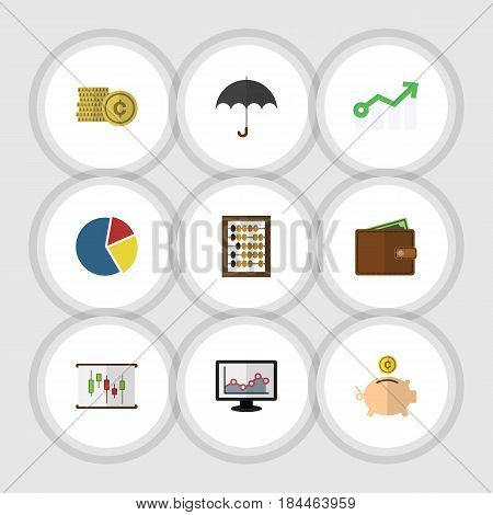 Flat Exchequer Set Of Money Box, Parasol, Cash And Other Vector Objects. Also Includes Bank, Graph, Bar Elements.