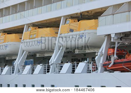 IJmuiden the Netherlands - April 30th 2017: Aida Sol docked at the Felison Cruise Terminal detail of safety vessels