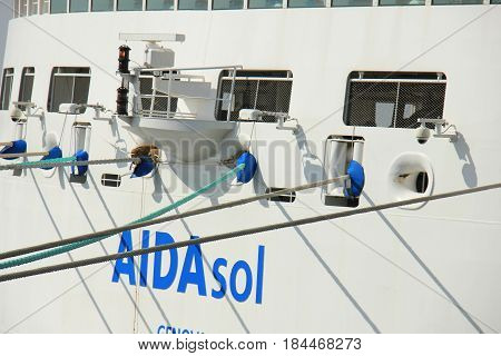 IJmuiden the Netherlands -April 30th 2017: Aida Sol at the Felison Cruise Terminal IJmuiden detail of ship