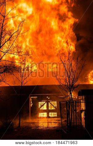 A huge flame swept through the building at night