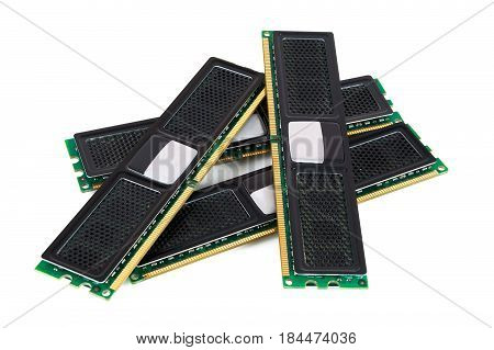 Modern computer memory modules with black radiator isolated on white background with clipping path