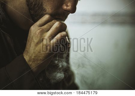 Homeless Adult Man Smoking Cigarette Addiction