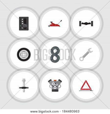 Flat Auto Set Of Lifting, Tire, Spanner And Other Vector Objects. Also Includes Puller, Wheel, Motor Elements.