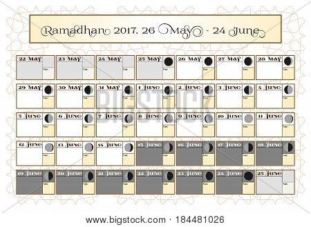 Ramadan calendar 2017, 26th May. Check date choice. Includes: fasting tick calendar, moon cycle - phases, 30 days of Ramadan on white background with Islamic pattern. Vector illustration