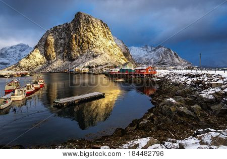 Hamnoy Village In Lofoten Islands Of Norway In Winter Time