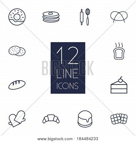 Set Of 12 Bakery Outline Icons Set.Collection Of Cookie, Waffle, Donuts And Other Elements.