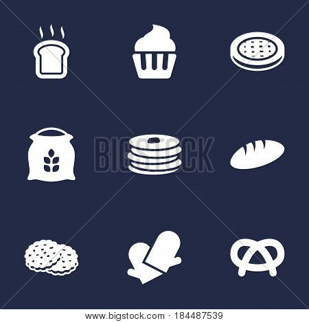 Set Of 9 Stove Icons Set.Collection Of Loaf, Potholders, Snack And Other Elements.