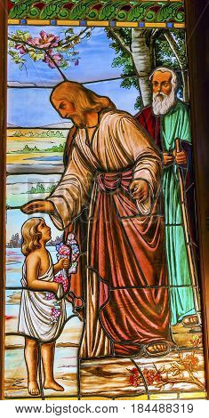 GUANAJUATO, MEXICO - DECEMBER 31, 2014 Stained Glass Jesus Children Basilica Templo De Belen Temple of Belen Parroquia de Immaculada Corzaon de Maria Guanajuato Mexico. Suffer the Children to Come to Me. Built in the 1700s finished 1775.