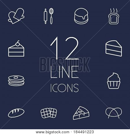 Set Of 12 Stove Outline Icons Set.Collection Of Pudding, Gloves, Toast And Other Elements.