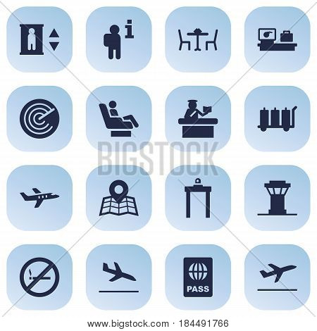 Set Of 16 Aircraft Icons Set.Collection Of Letdown, Metal Detector, Vip And Other Elements.