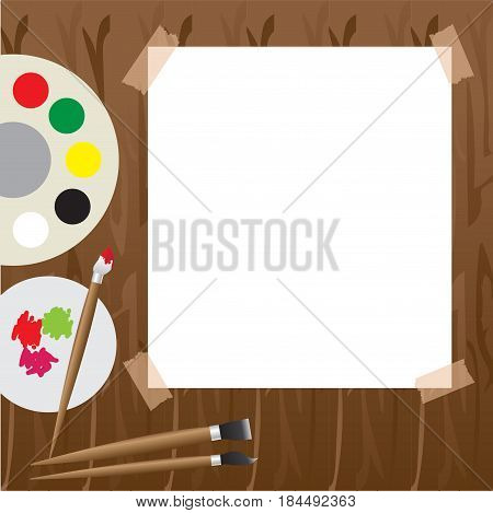 Art palette with paint, paper, set, vector illustration.
