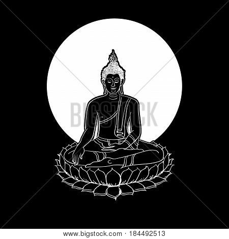 Drawing of a Buddha statue. Art vector illustration  on a black background.