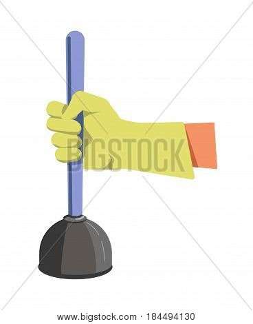 Hand in green lime rubber glove holds color plunger flat design isolated on white. Tool for cleaning consists of black head and blue wood handle. Vector illustration of instrument for unclog pipe.