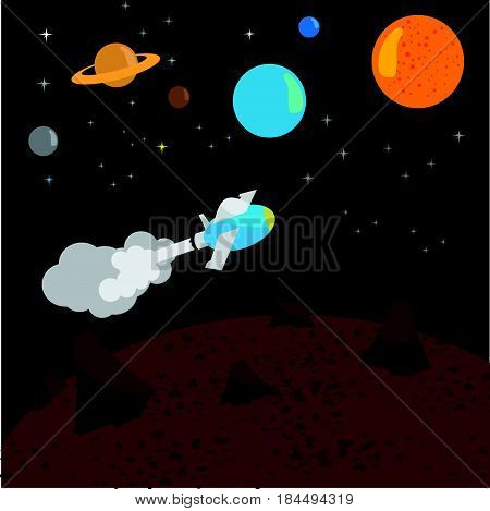 Space rocket launch. Vector illustration with flying rocket. Space travel.