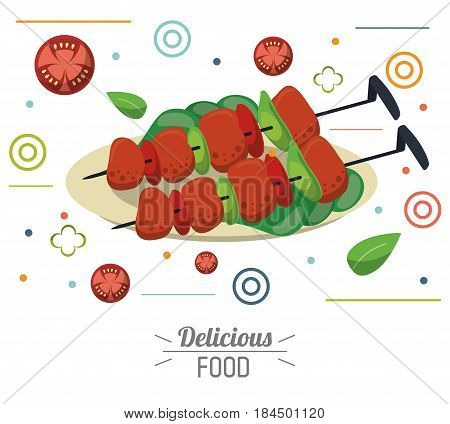delicious food skewers grilled meat vegetables nutrition vector illustration
