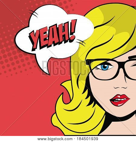 blonde girl glasses bubble speech pop art comic style vector illustration