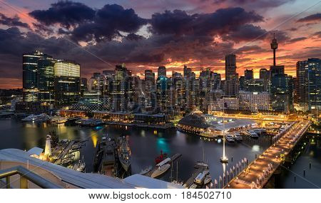 SYDNEY AUSTRALIA - April 25 2017 : Sunrise of Darling Harbour adjacent to the city center of Sydney and also a recreational place in Sydney central business district