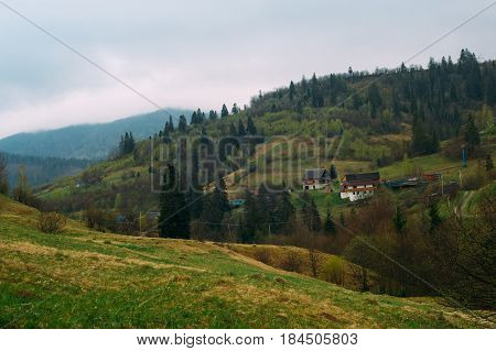 Carpathian mountains. Village Slavske Lviv region Ukraine. April 2017